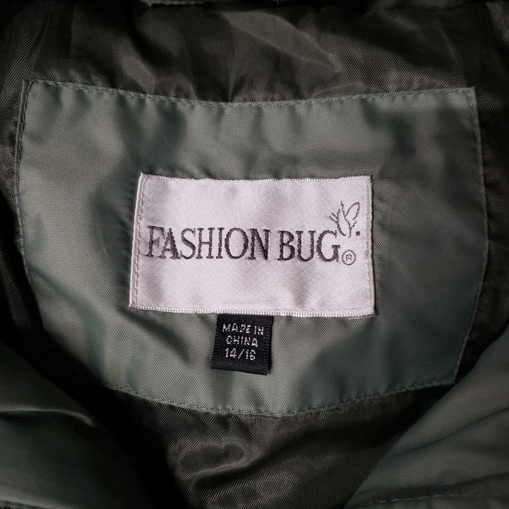 Y2K Fashion Bug Womens Olive Green Down Puffer Jacket Faux Fur Trim Hood 14/16W - Picture 7 of 10